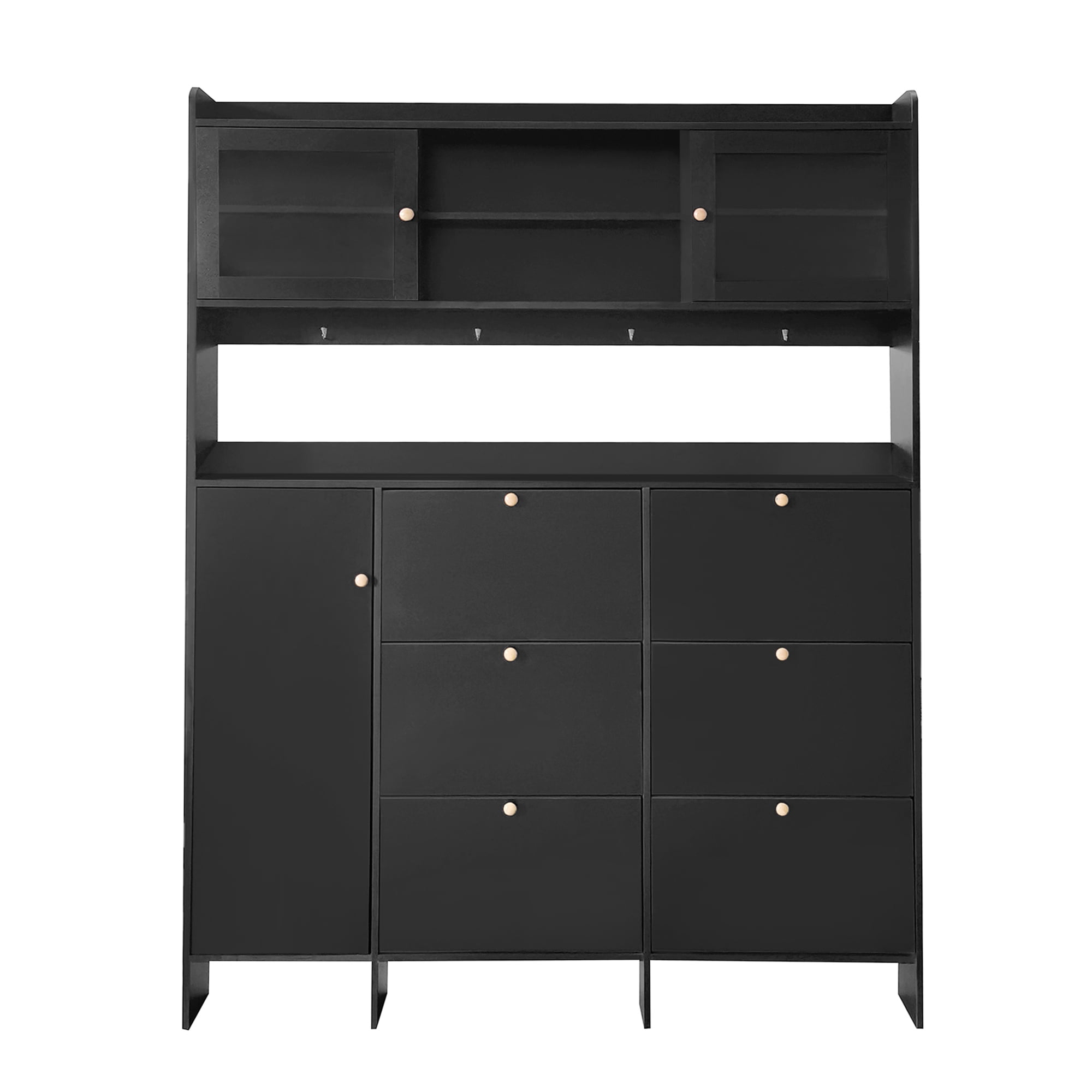 MAYEERTY Multifunctional Tipping Bucket Shoe Cabinet with Storage Shelf & 6 Flip Drawers, Large Hall Tree with Tempered Glass Doors, Foyer Cabinet