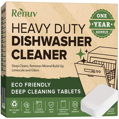 Dishwasher Cleaner and Deodorizer Tablets Heavy Duty Deep Cleaning Descaler Removes Odor Calcium Limescale Hard Water Marks - 1 Year Supply