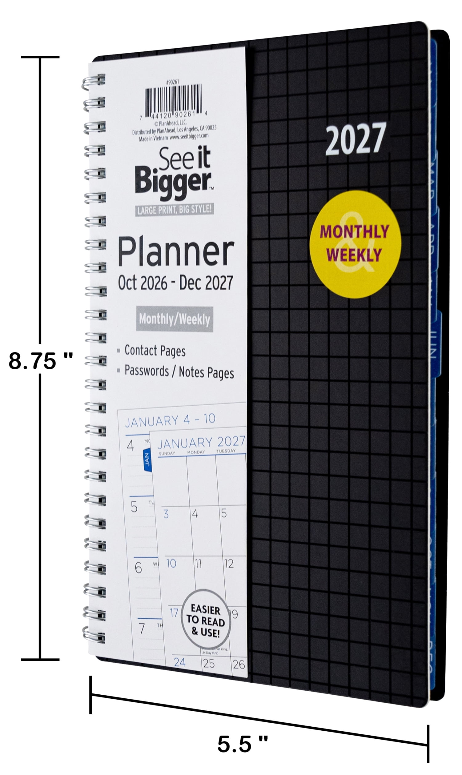 See It Bigger Monthly Weekly Planner (5.5" x 8.75") Black, 15-Month: October 2026 - December 2027