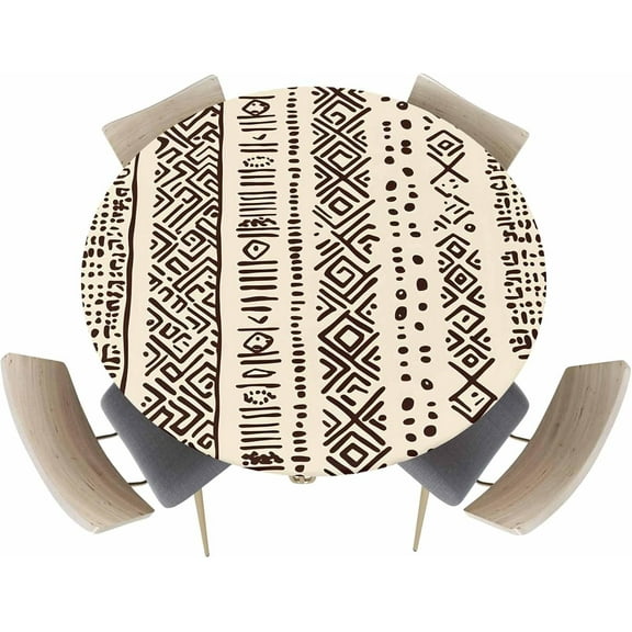 Round Fitted Tablecloth, Bohemian Vintage Tribe Texture Waterproof Table Cover with Elastic Edge, Earth Tones Stripes Wipeable Table Covers for Indoor Outdoor