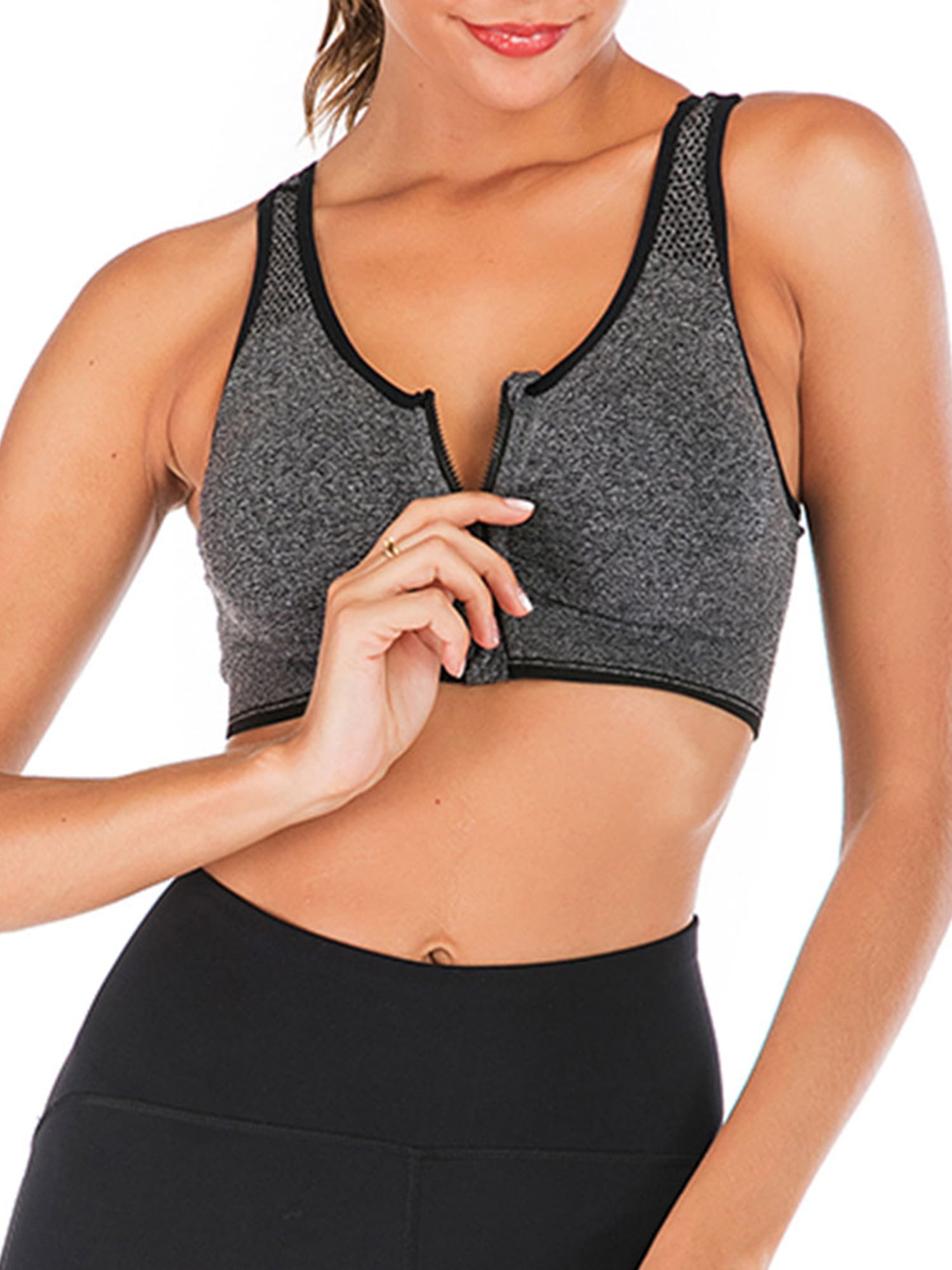 Women's Zip Front Closure Sports Bra Racerback Yoga Bras With Removable  Pads Gray L