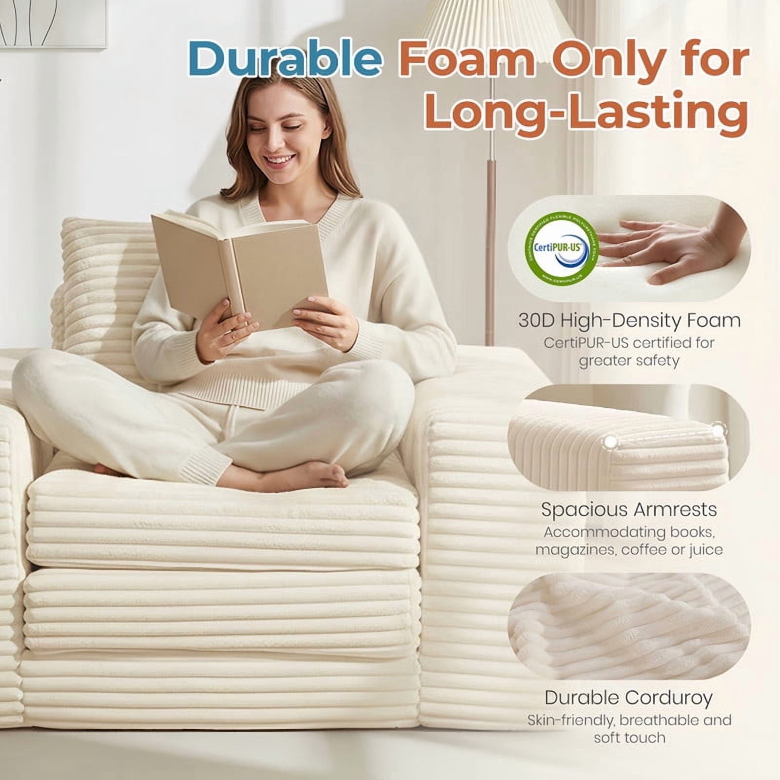 Boneless No Assembly Single Wide Arm Sofa, Memory Foam Convertible Sleeper Chaise Lounge Couch, Accent Chair Sofa Bed