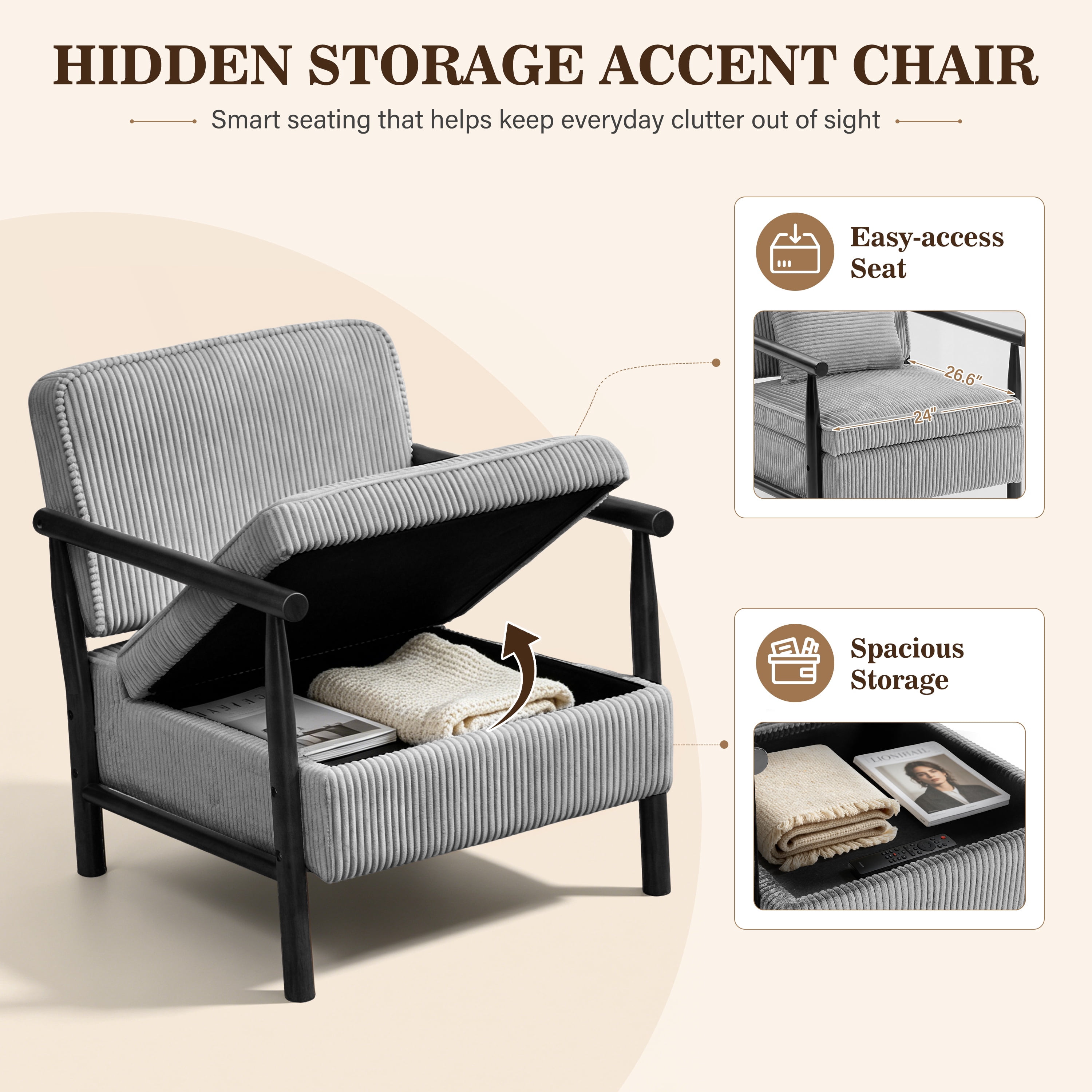 Accent Chair with Hidden Storage, LEGAHOME Antique Gray Modern Arm Chair for Living Room, Comfy Corduroy Reading Armchair for Bedroom, with Solid Wood Leg for 250lbs Weight Capacity