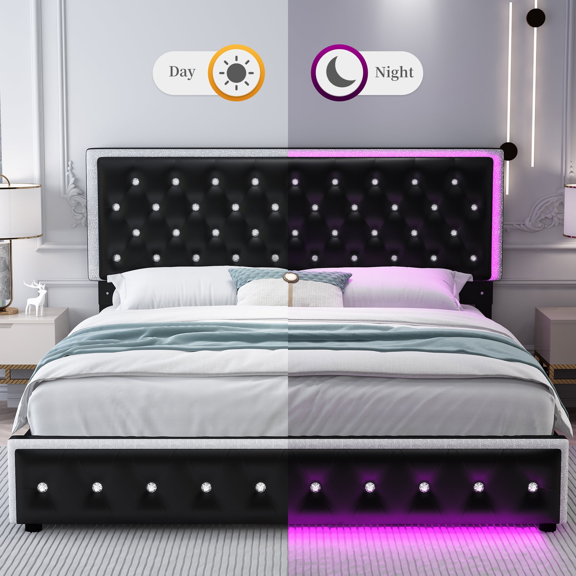 SIBEDS Queen Upholstered LED Bed Frame with 2 Storage Drawers, PU Leather Black Diamond Tufted Headboard, RGB Lights, Noise Free, No Box Spring Needed