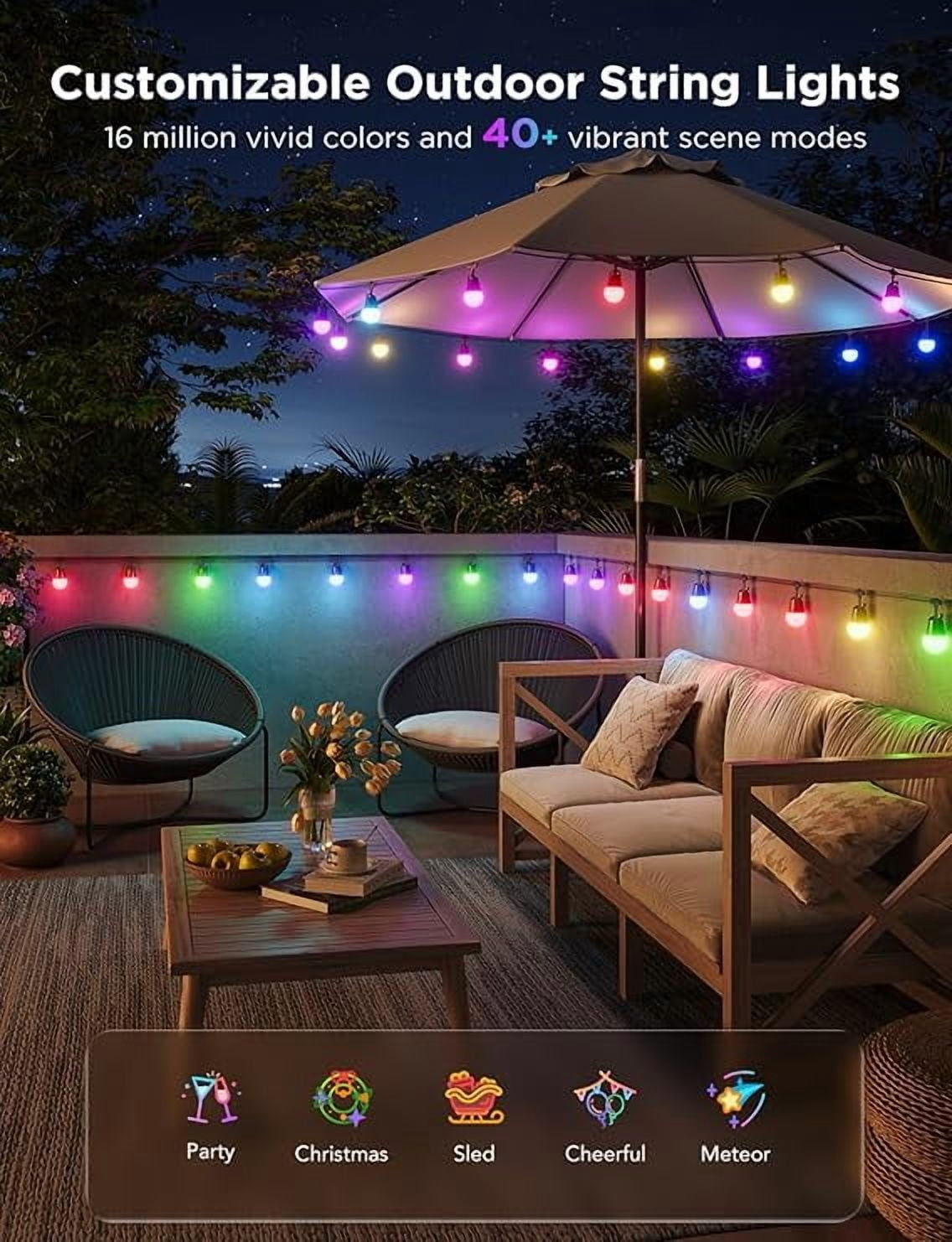 Govee Smart Outdoor String Lights 2, 96ft,RGBIC, Dimmable Warm White, 47 Scenes, IP65, Alexa,App Control