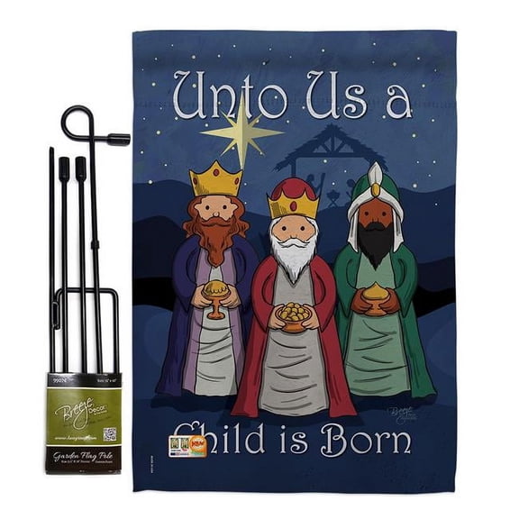 Breeze Decor BD-NT-GS-114129-IP-BO-D-US16-BD 13 x 18.5 in. Child is Born Winter Nativity Impressions Decorative Vertical Double Sided Garden Flag Set with Banner Pole