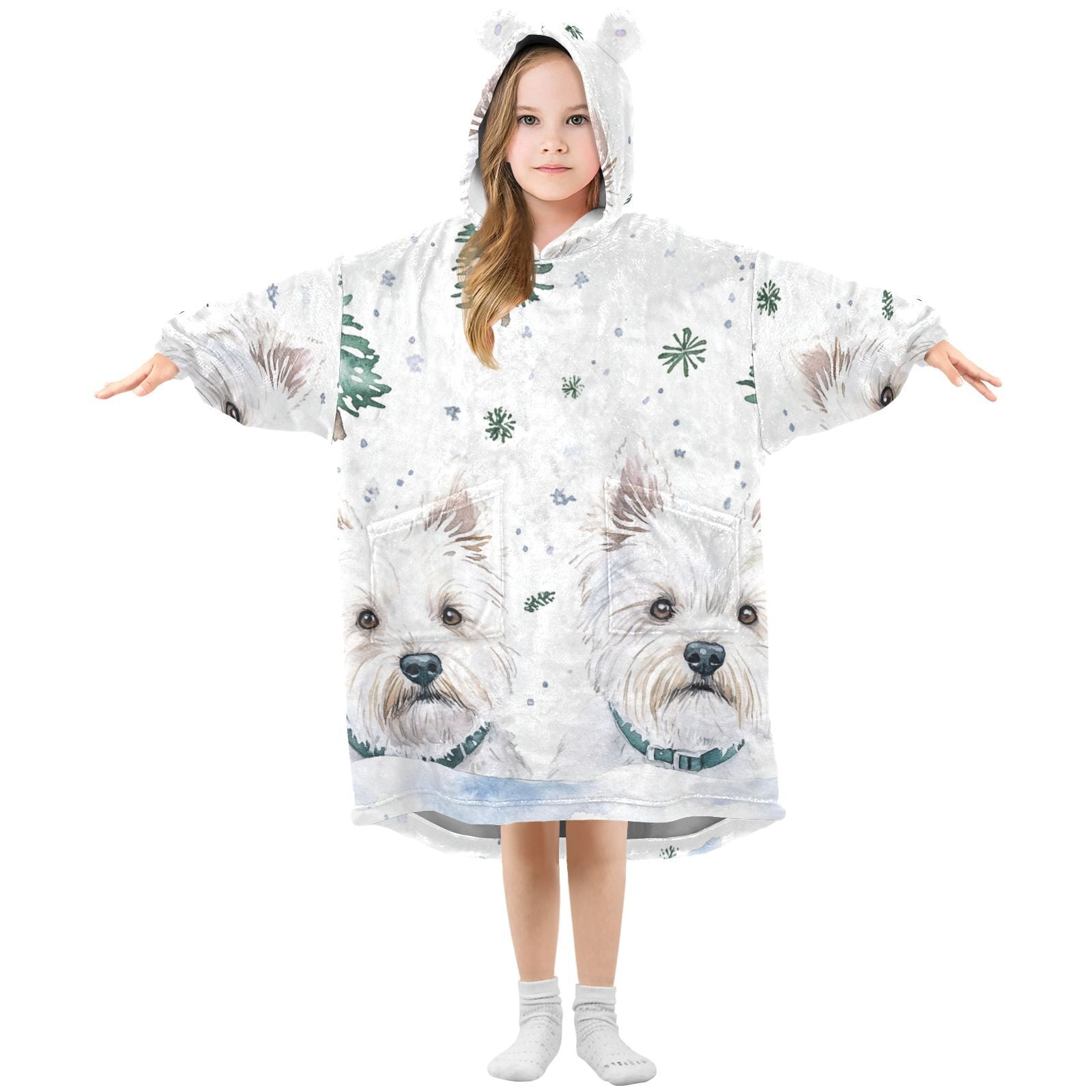 White Dogs Trees Oversized Wearable Blanket Hoodie Sweatshirt Flannel for Unisex Girls Boys