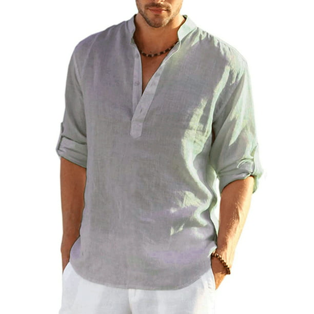 FASHIONWT Men Casual Cotton Linen Undershirts Workwear 3/4 Sleeve ...