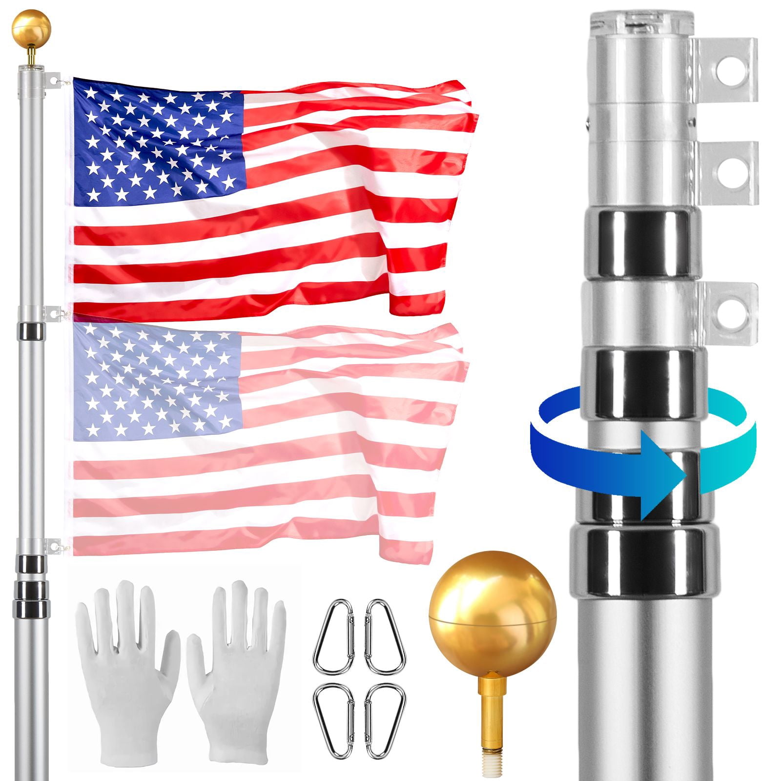 20FT Telescoping Flag pole Kit,Heavy Duty Aluminum Alloy in Ground Flag Poles for Outside,3 Display Modes Flagpole with 3x5 American Flag,Professional Accessories,Silver