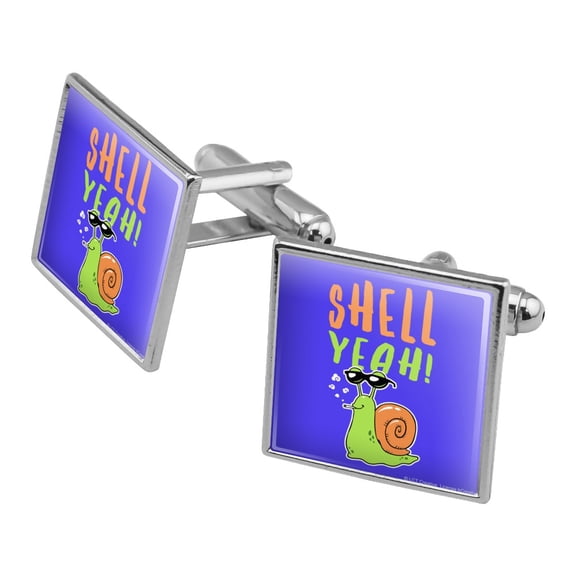 Shell Yeah Hell Yes Snail Funny Humor Square Cufflink Set - Silver or Gold