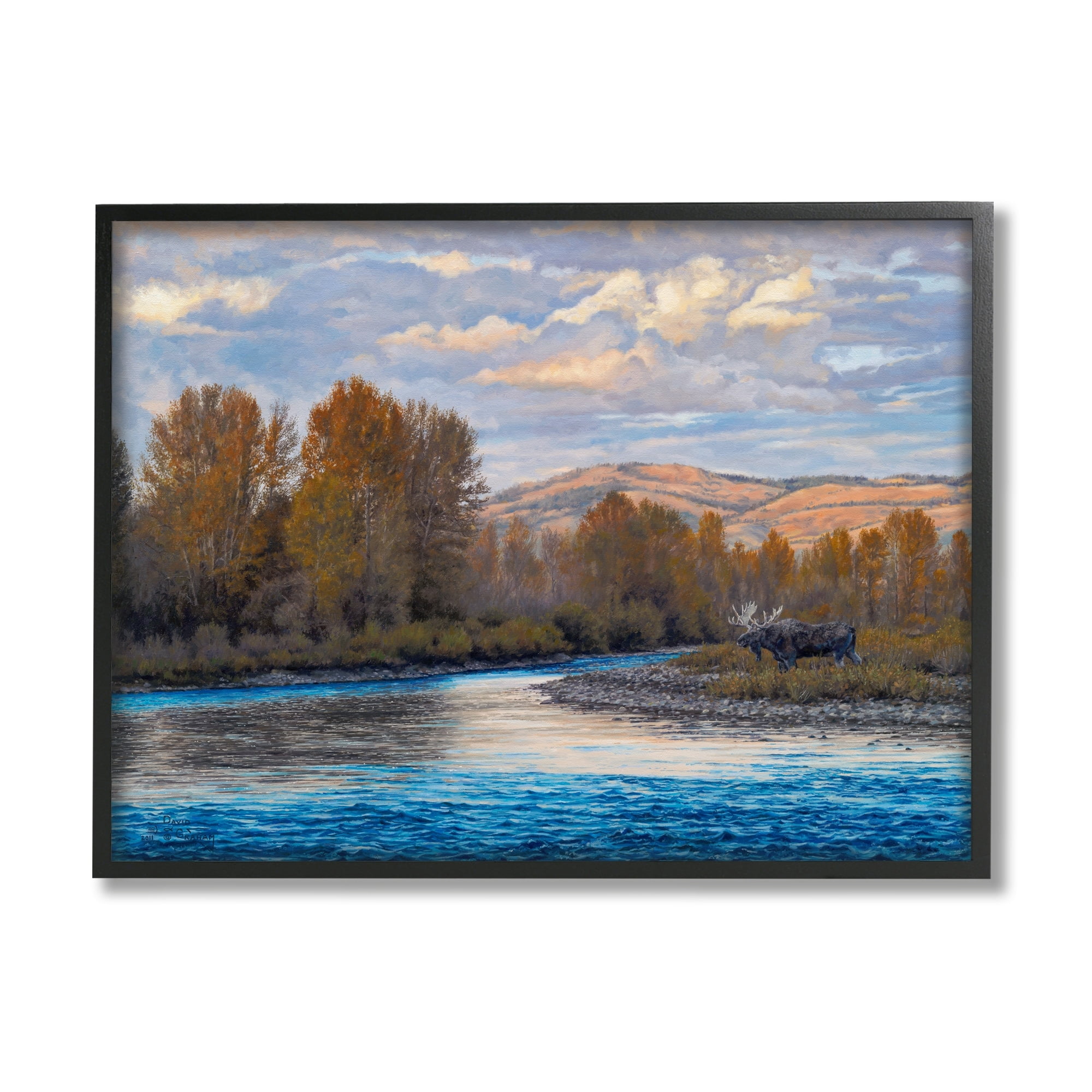 Stupell Industries Moose By Lake Mountain Landscape Coastal Painting White Framed Art Print Wall Art