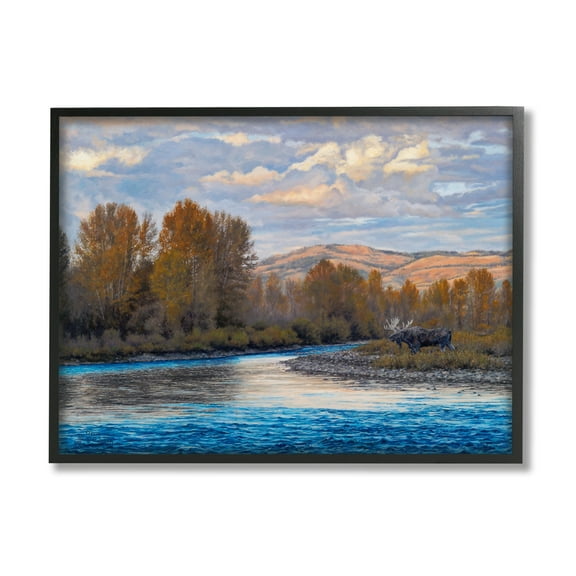 Stupell Industries Moose By Lake Mountain Landscape Coastal Painting Black Framed Art Print Wall Art