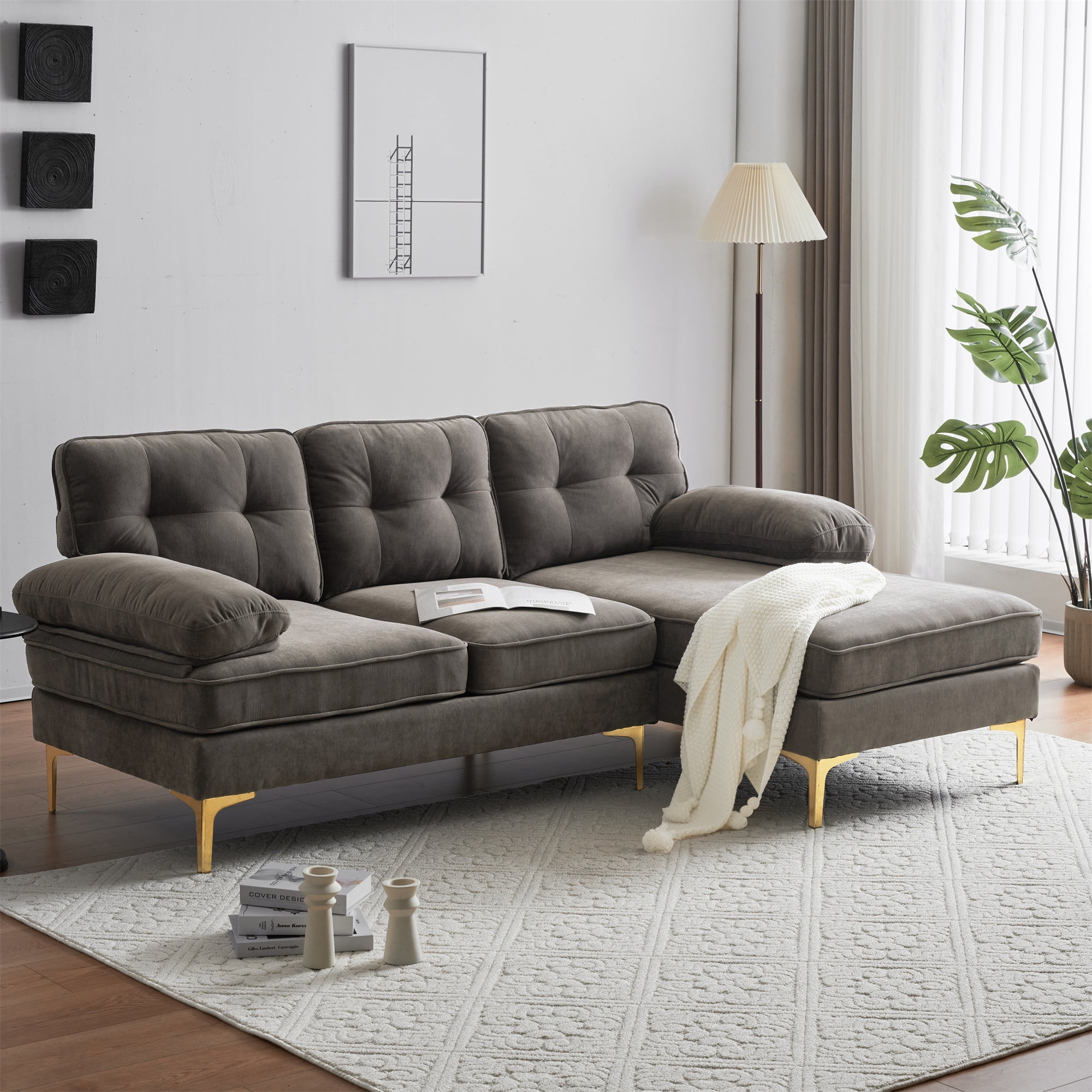 Aukfa 83" Velvet Sectional Sofa, Tufted Couch with Chaise for Living Room, Pillow Top Arm, Brown