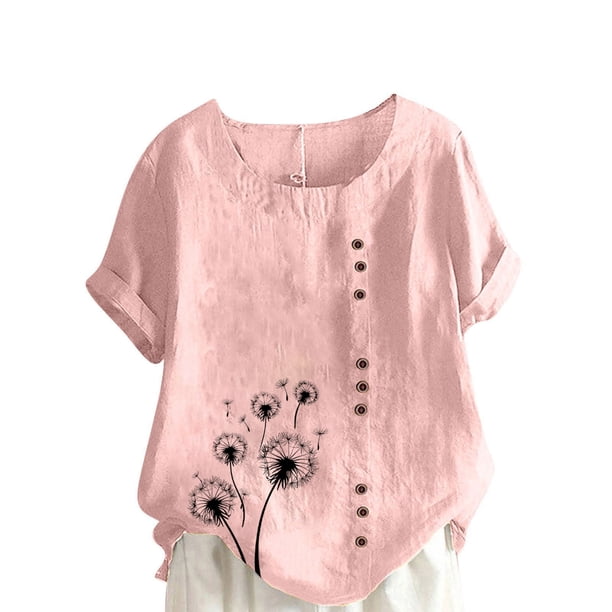 Vestidos Casuales Para Mujer, Blusas De Mujer De Moda Blusa informal de lino con cuello redondo, manga corta y botones para mujer