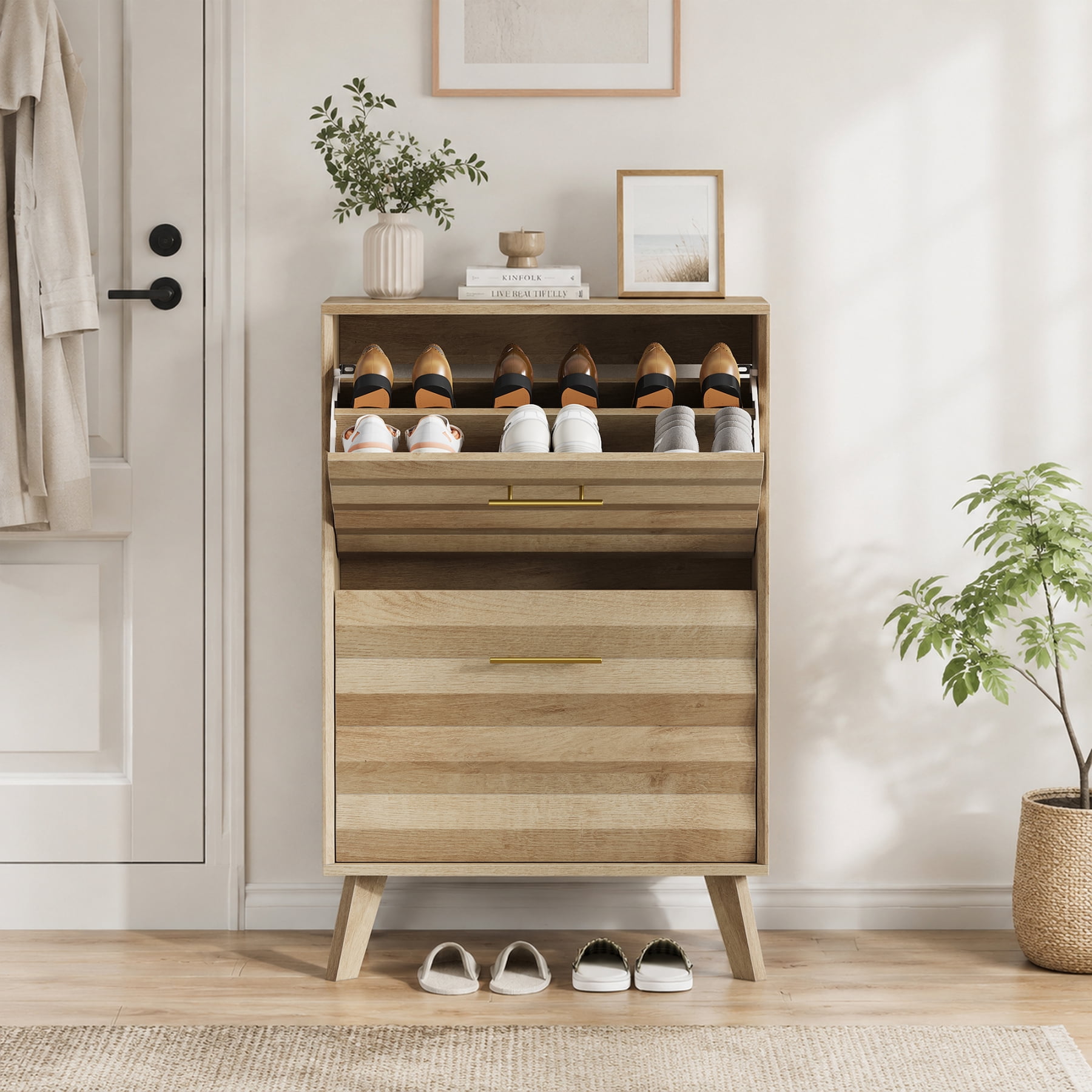 Leumius Shoe Cabinet with 2 Flip Drawers,Mid-century Modern Freestanding Shoe Storage Cabinet,Hidden Shoe Organizer for Entryway Hallway,Oak