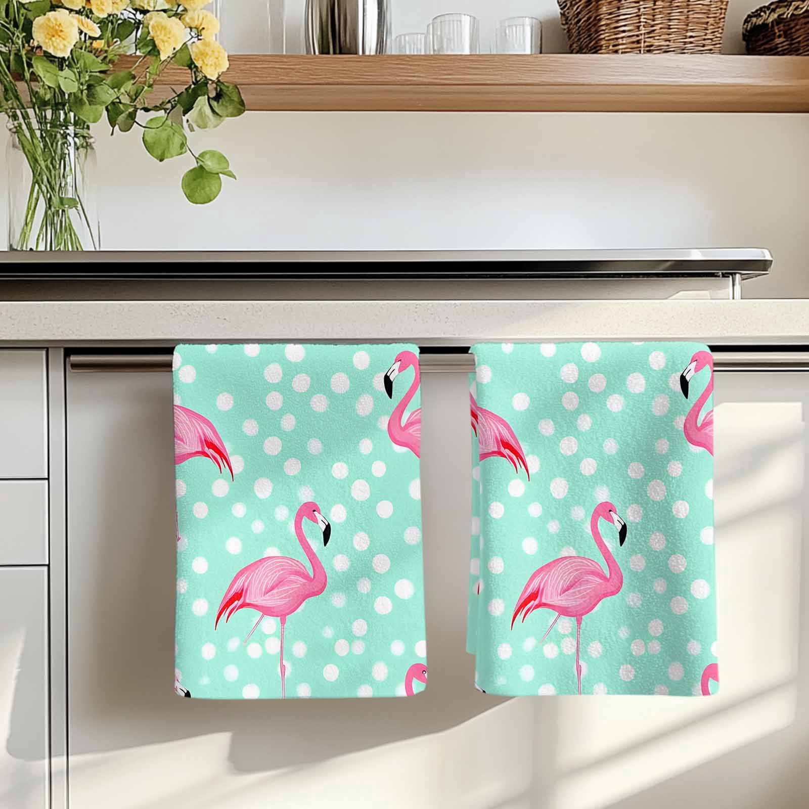 Green Flamingo Kitchen Towels Set of 2, Polka Dot Modern Art Absorbent Dish Towels for Kitchen, Microfiber Hand Towel, Quick Drying Tea Towel for Cleaning Decorative Dishcloths