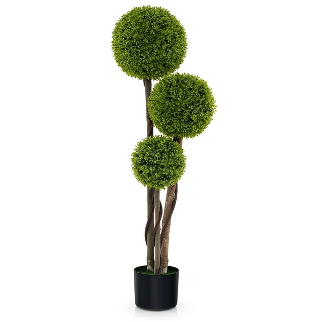 Gymax 4 FT Artificial Boxwood Topiary Ball Tree w/ Triple Ball Faux Greenery Plant