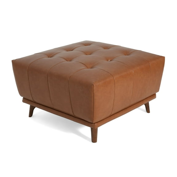 Christopher Knight Home PU Leather Ottoman, Solid Wood Legs, Button-Tufted Footstool Coffee Table, Brown