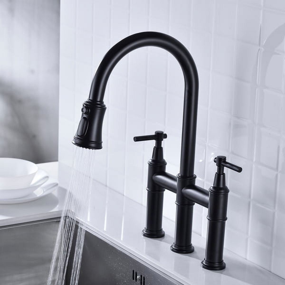 Matte Black Double Handle Pull-Down Kitchen Faucet - Brass Dual-Function Sprayhead, 360° Swivel & Transitional Design for 3-Hole Sinks