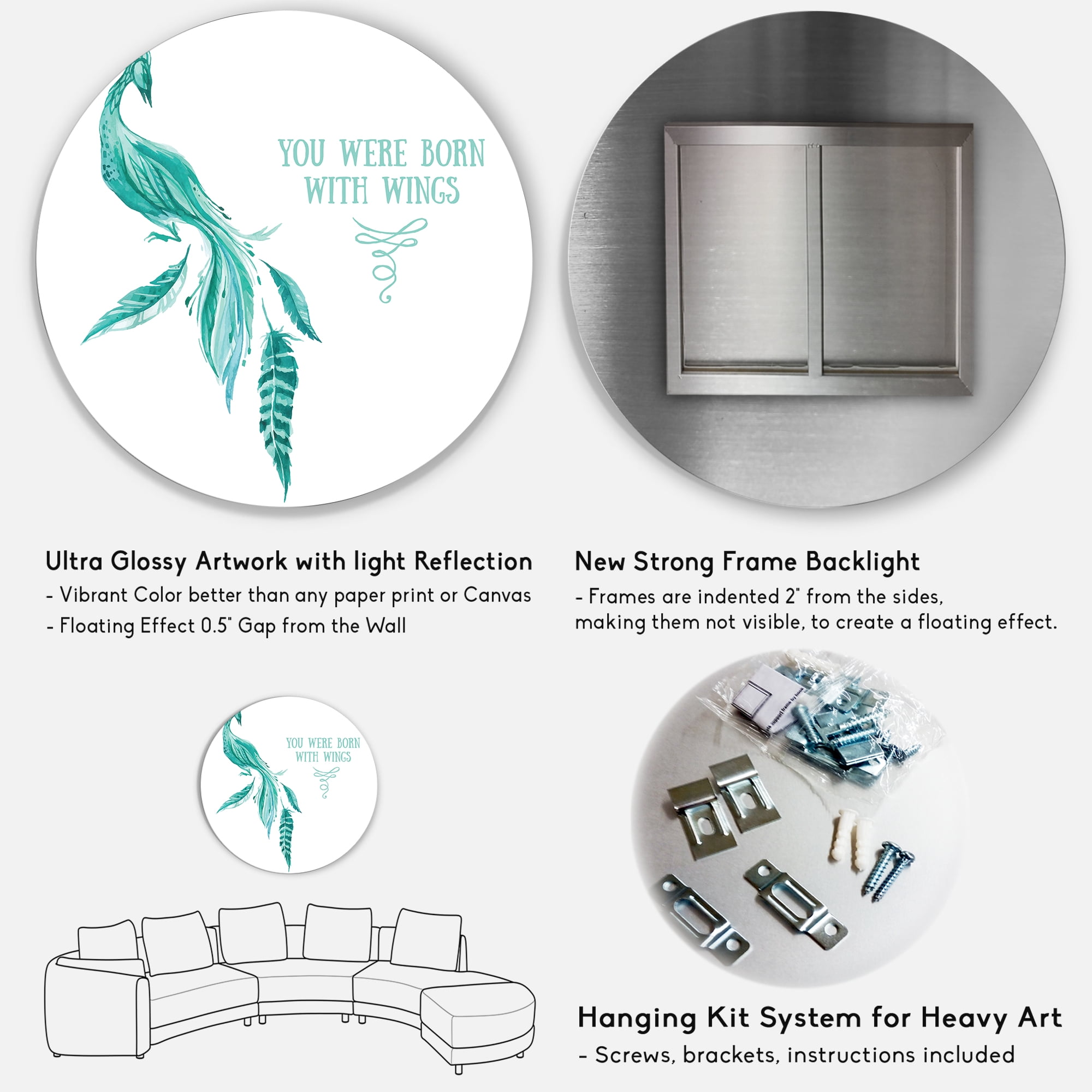 Designart 'Turquoise Bird You Were Born With Wings' Traditional Circle Metal Wall Art 36x36 - Disc of 36