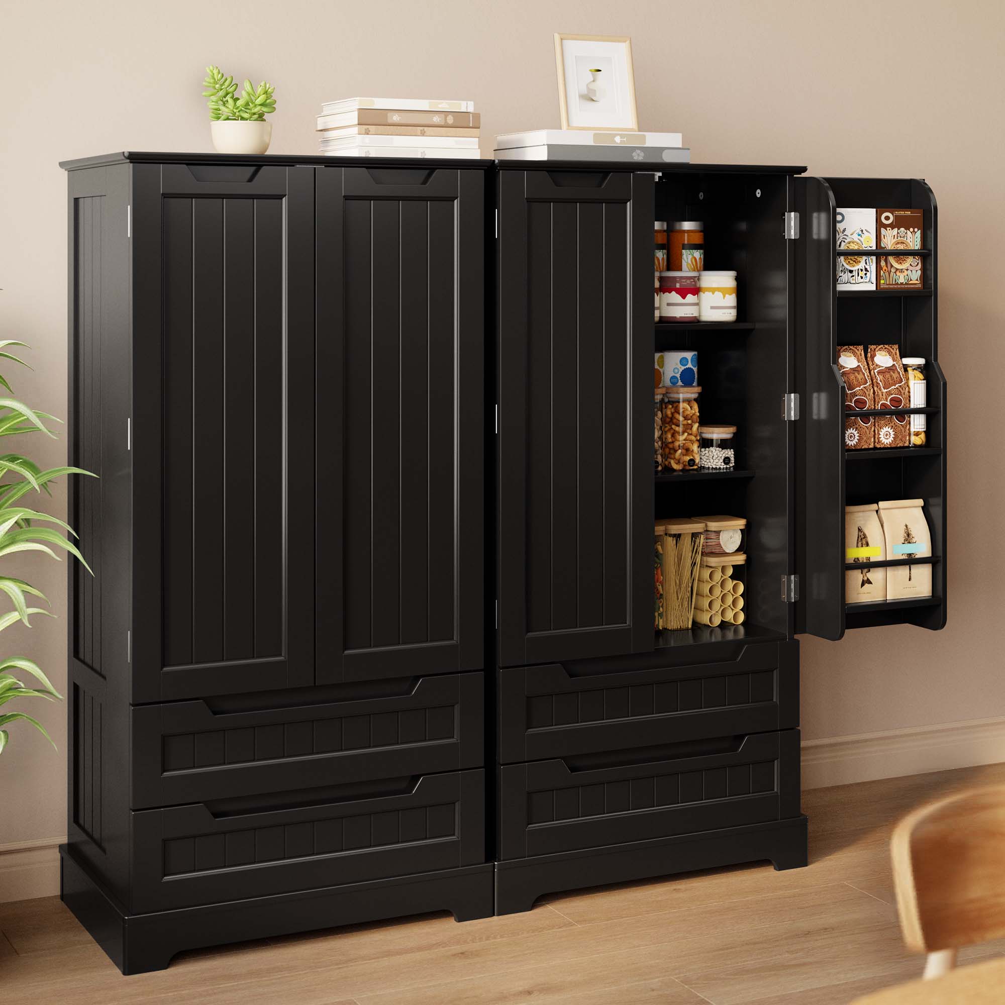 Pantry Storage Cabinet with 2 Drawers，Asofer 47" Kitchen Small Food Pantry Cabinet for Dining Room, Black