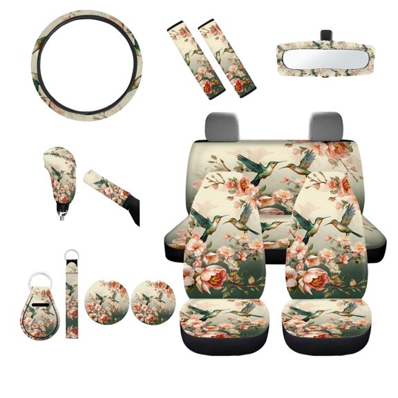 Jeiento 14pcs Hummingbird Automotive Seat Covers Interior Sets Spring Flower Steering Wheel Cover Seatbelt Pads Cup Coasters Keychains Mirror Cover Gear Shift Knob Handbreak Fit for SUV Van Sedan
