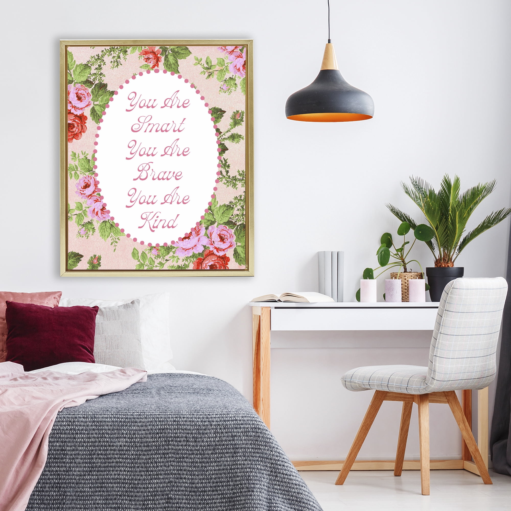 Stupell Industries Smart Brave & Kind with Vintage Florals Gold Framed Floater Canvas Wall Art, design by Lil' Rue