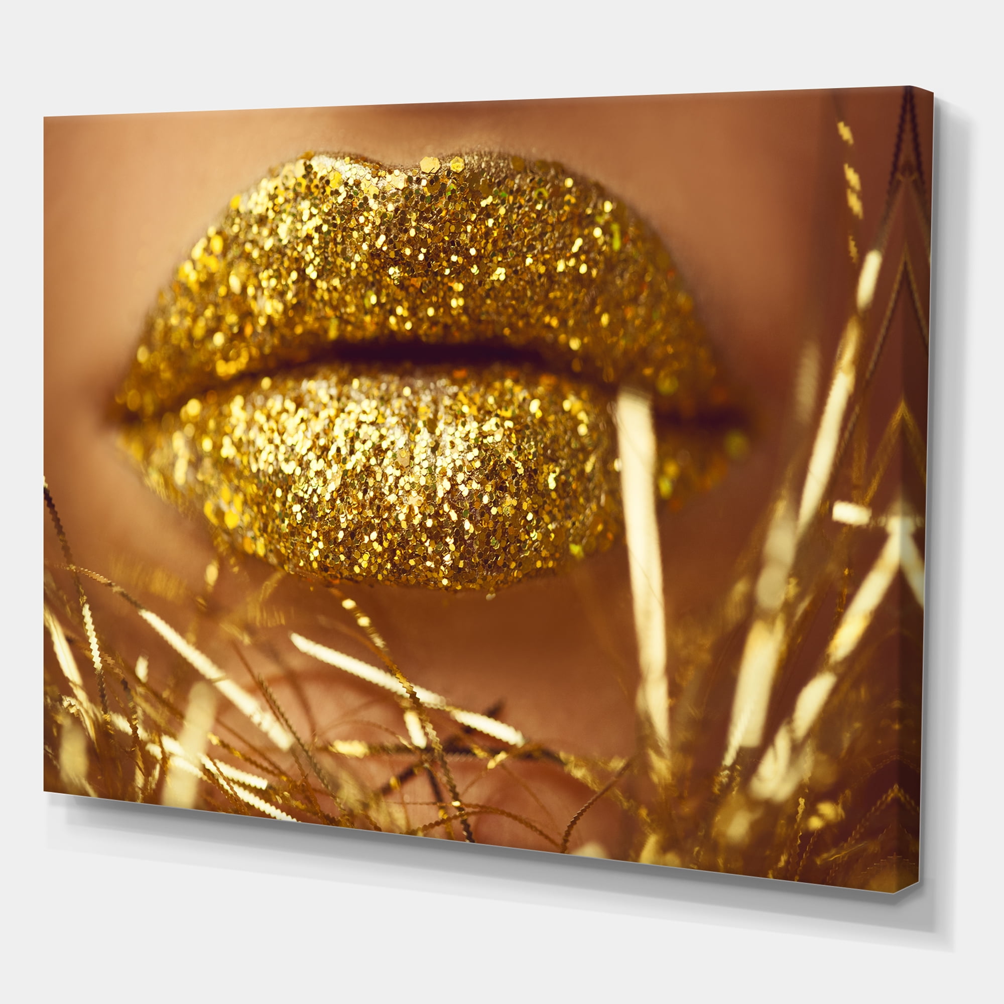 Designart ' Golden Female Lips ' Modern Canvas Wall Art Print