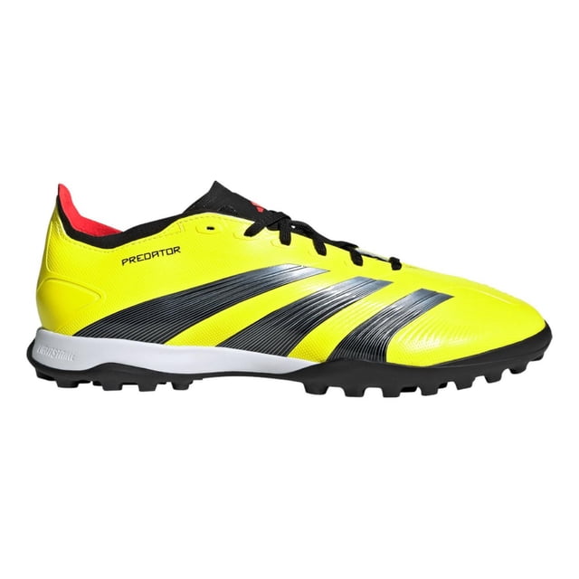 tenis adidas hombre caballero futbol cesped sintetico predator 24 league amarillo 5,0 mx Vista lateral derecha de tenis de fútbol para césped sintético, silueta baja en amarillo con tres franjas negras texturizadas y texto Predator en el costado. Cordones negros, forro interior rojo, entresuela blanca y suela de tacos cortos negros pensada para tracción en pasto sintético; suele usarse también para entrenamientos en cancha pequeña.