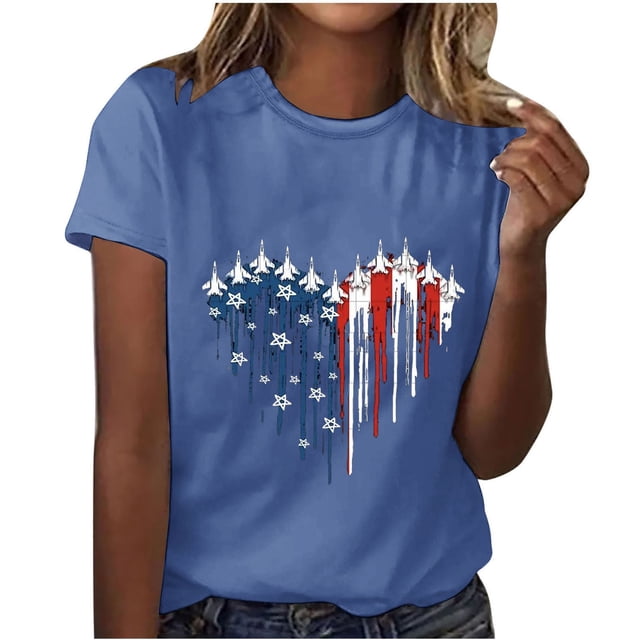Camisetas de Manga Corta para las Mujeres, Blusa de Manga Corta de la Moda Del Día de la Independencia Hecha de Poliéster Cómodo para la Primavera Verano, Blusas de Manga Corta para las Mujeres