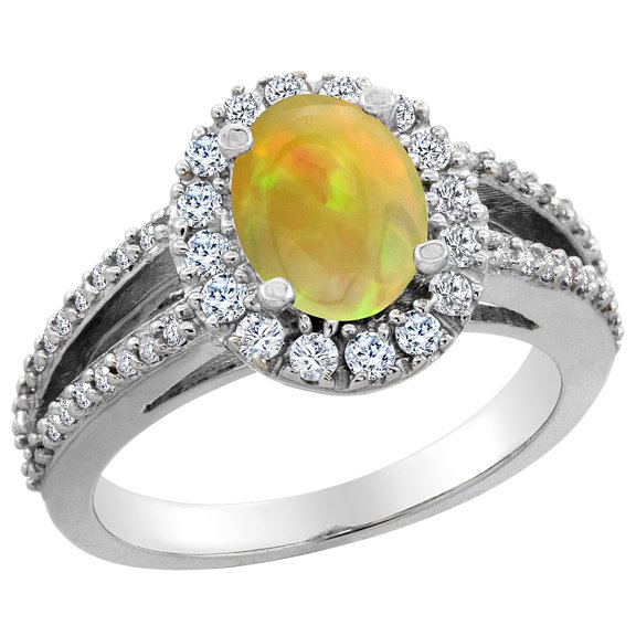 10K White Gold Diamond Natural Ethiopian HQ Opal Halo Engagement Ring Oval 8x6 mm, size 5.5