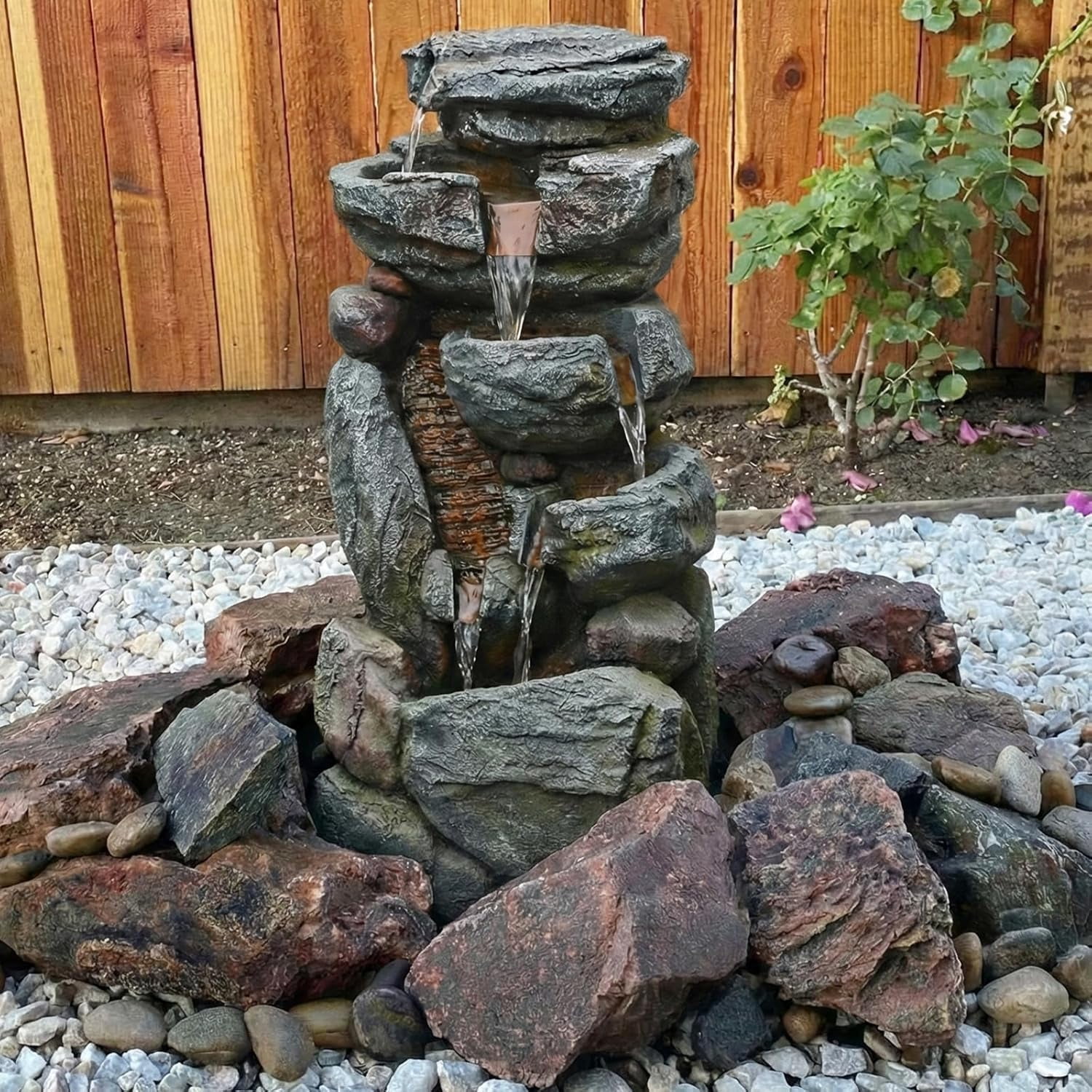 Rock Water Fountain Outdoor 6-Tiers Waterfall Fountain with LED Lights for Garden, Living Room, Patio, Home Decor