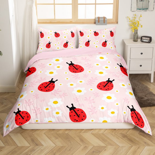 Erosebridal Cute Ladybug Comforter Cover Queen, Spring Floral Flower Bedding Queen Size, Teens Adults, Reversible 3 Pieces