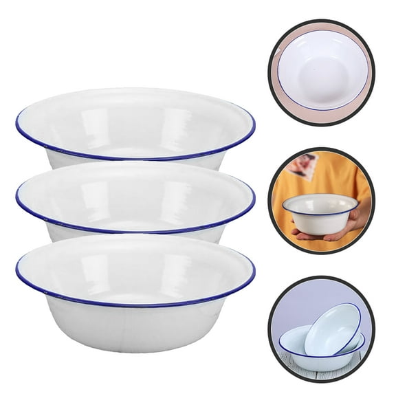 ELAYARD 3Pcs Vintage White Enamel Bowl Set Multi Function Kitchen Storage Salad Soup Basin
