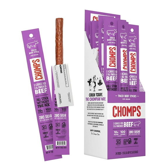 Chomps Grass-Fed And Finished Taco Beef Jerky Snacks Sticks, 10g of Protein