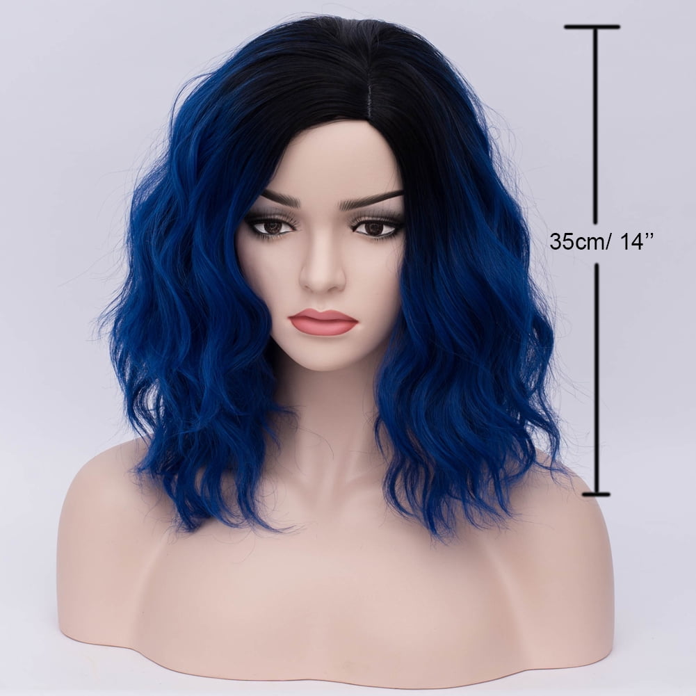 BERON Black Blue Short Wigs Women Girls Curly Wavy Hair Wig 14" Body Bob Cosplay Party or Daily Use Wigs