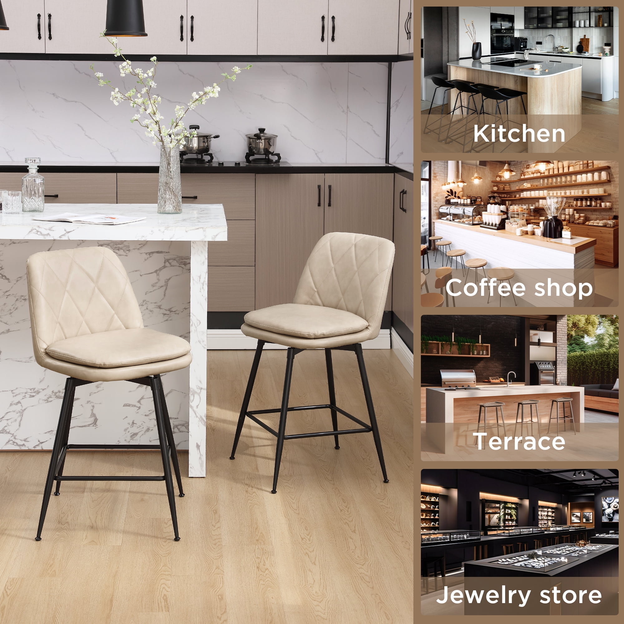 TEWLOSS 28" Bar Stools Set of 4 Swivel Barstools Faux Leather Kitchen Chairs, Cream