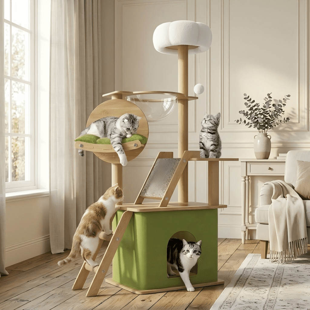 Mekidulu 59in Green Wood Cat Tree Tower, Modern Pet Furniture for Large Cats