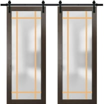 Sturdy Double Barn Door 36 x 80 inches | Planum 2113 Chocolate Ash Frosted Glass | 13FT Rail Hangers Heavy Set | Solid Panel Interior Doors