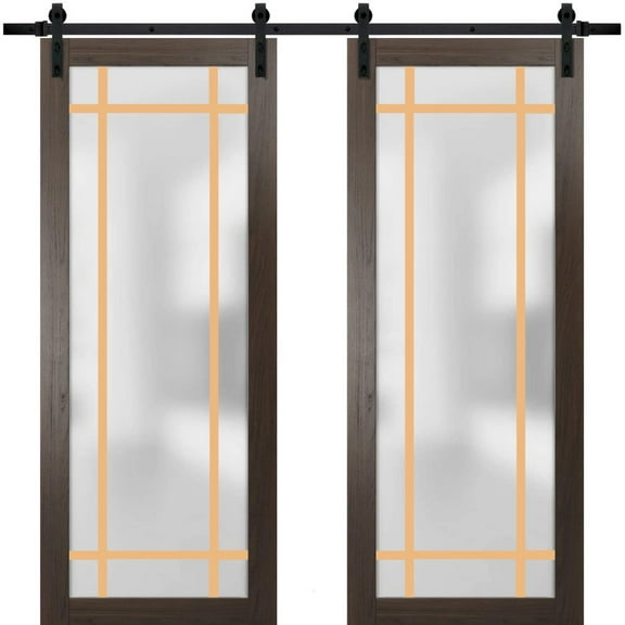 Sturdy Double Barn Door 36 x 80 inches | Planum 2113 Chocolate Ash Frosted Glass | 13FT Rail Hangers Heavy Set | Solid Panel Interior Doors