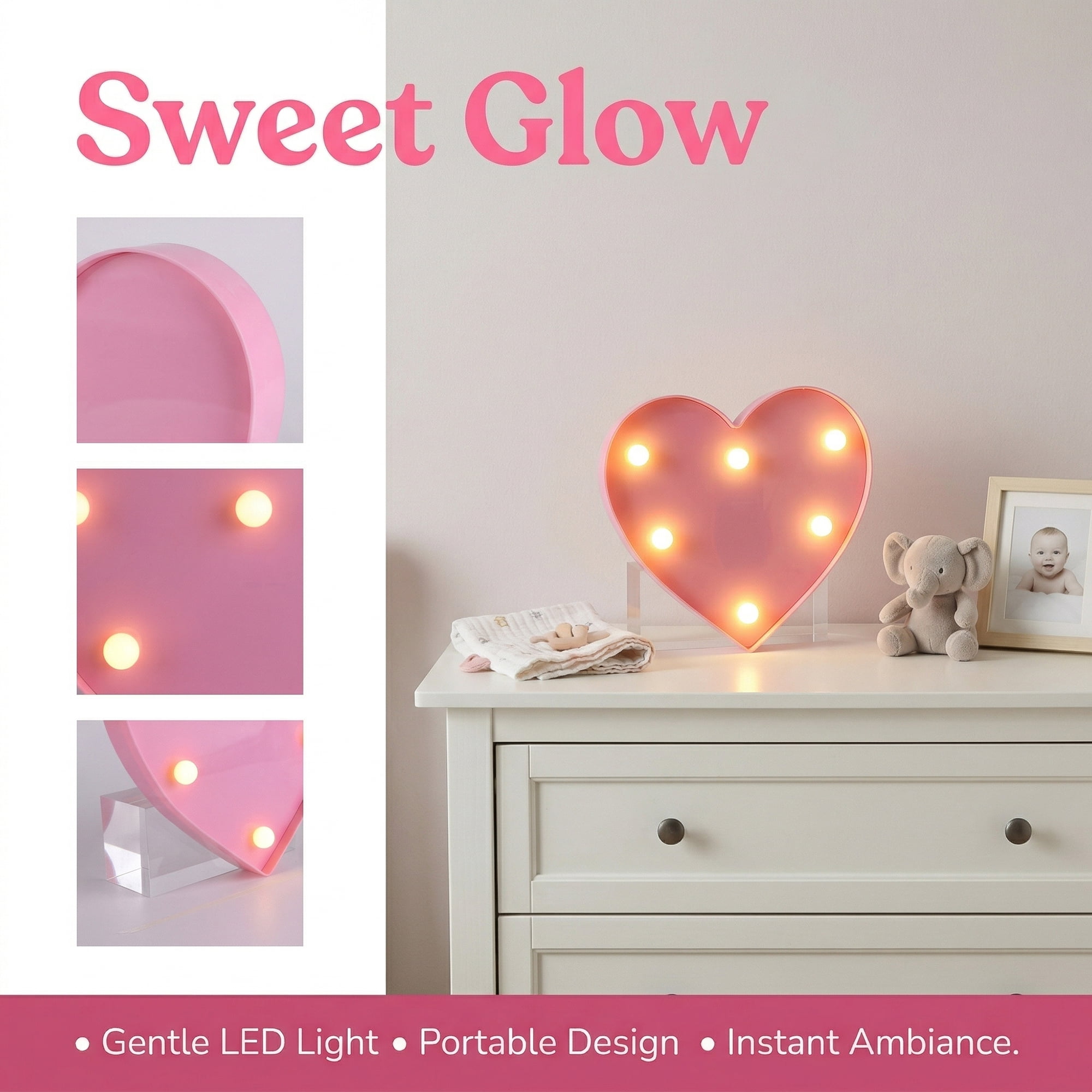 Unique Bargains Small Heart Marquee Light Up Sign LED Heart Lamp Pink 6.5" x 1" x 5.9"