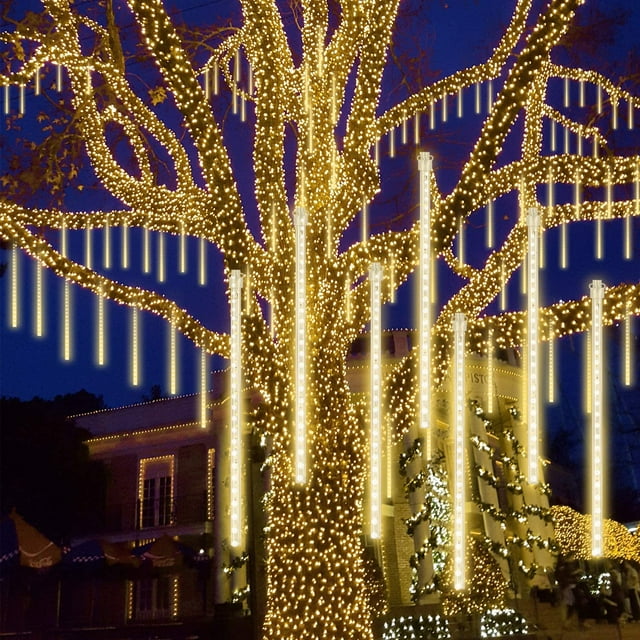 Guirnalda de luces de meteoritos de 30 cm, 10 luces transparentes impermeables, 288 LED, ideal para decorar árboles de Navidad en exteriores (blanco cálido)