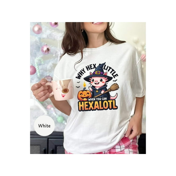 Cute Halloween Hexalotl T-Shirt, Witch Axolotl with Broom, Funny Halloween Tee, Pumpkin and Bat Design, Spooky Season Shirt