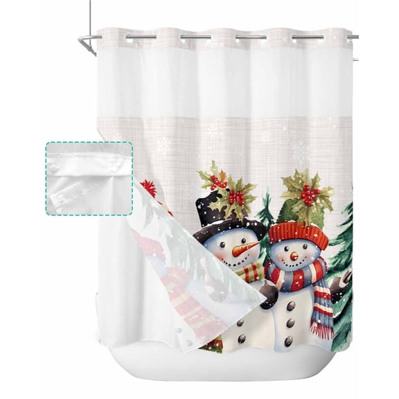 No Hook Shower Curtain with Snap in Liner, Christmas Hat Snowman Hotel Shower Curtains for Bathroom, Washable Shower Curtain Liner Set with Mesh Top Window, 66"x72"