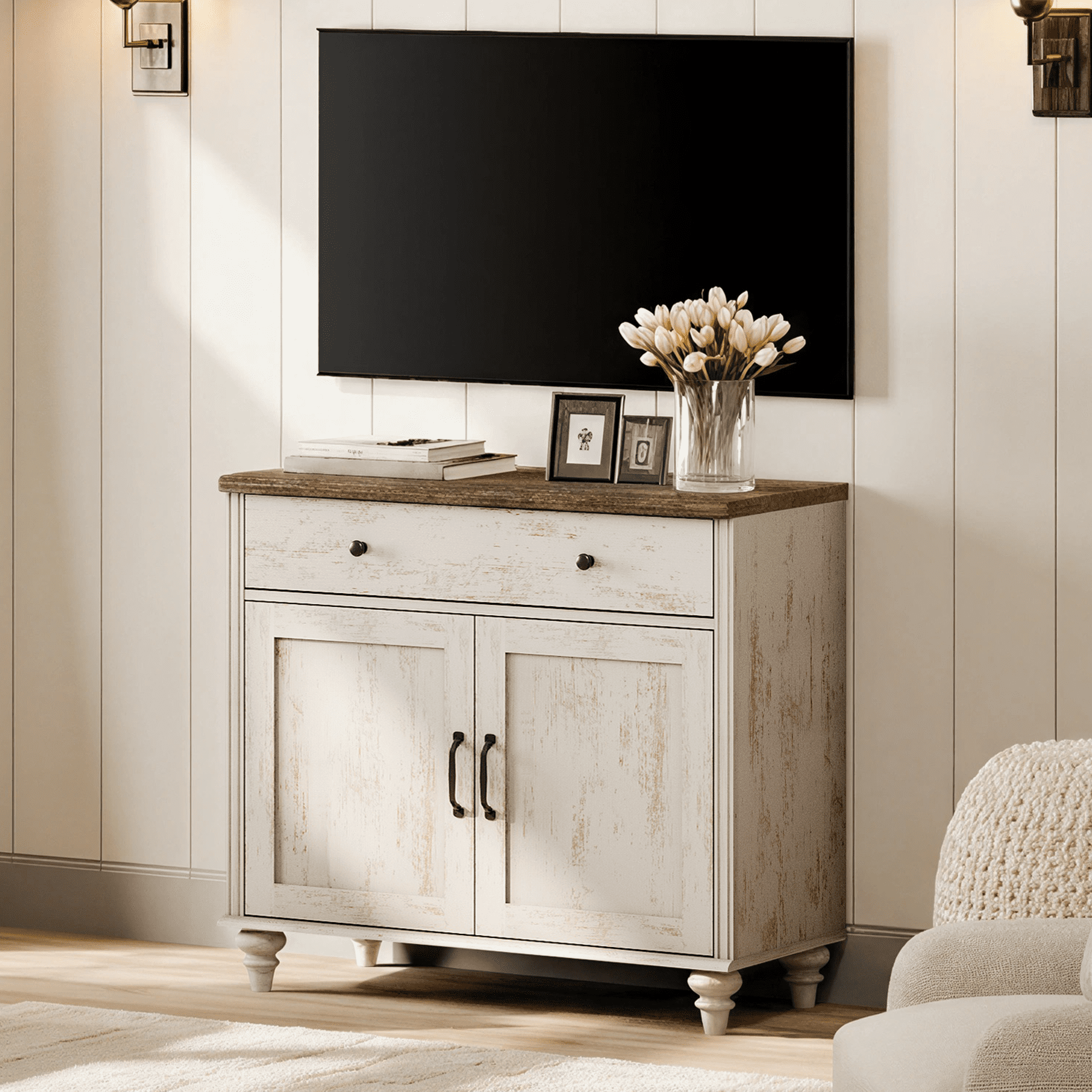 WAMPAT Farmhouse Rustic White TV Stand for 43 inch TV with 2 Doors and Wooden Drawer, Vintage Universal TV Stands with Storage Cabinets, Entertainment Center TV Console Table for Living Room, Bedroom