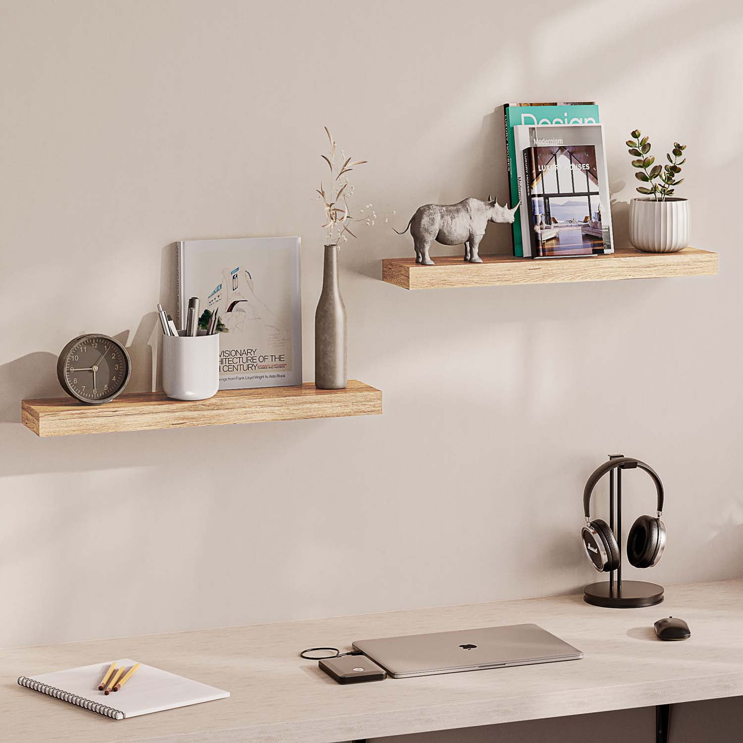 Ballucci 24" Floating Shelves, 2-Pack Wood Wall Shelf Set with Invisible Brackets, 8" Deep, Oak Finish