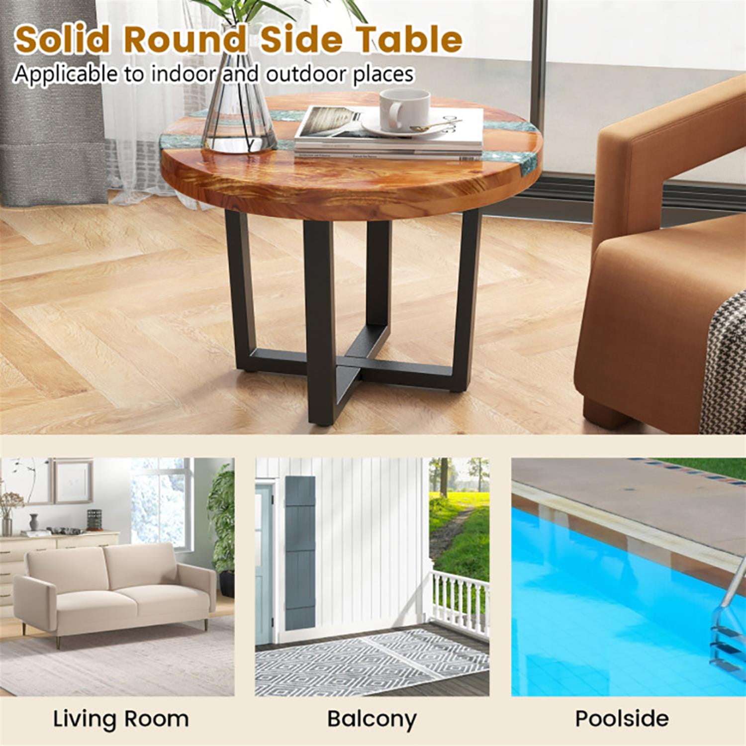 Demi Bonn Teak Wood Sofa Side Table, Outdoor Round End Table with Epoxy Resin Tabletop for Small Spaces, Living Room, Bedroom, Brown