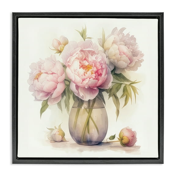 Stupell Industries Charming Pink Peonies Plants & Flowers Painting Black Floater Framed Canvas Art Print Wall Art, 18 x 18