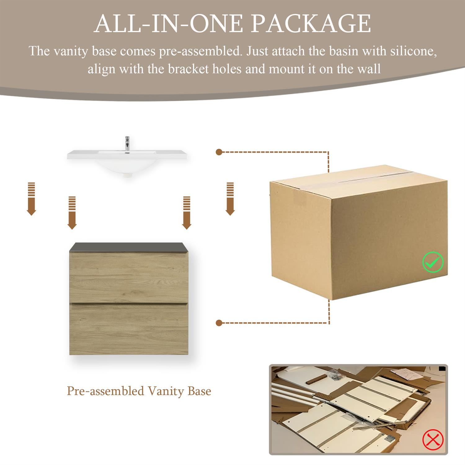 Demi Bonn 24" Floating Bathroom Vanity with Sink, Resin Top Basin and 2 Soft Close Drawers, Faucets and Drains Not Included, Brown