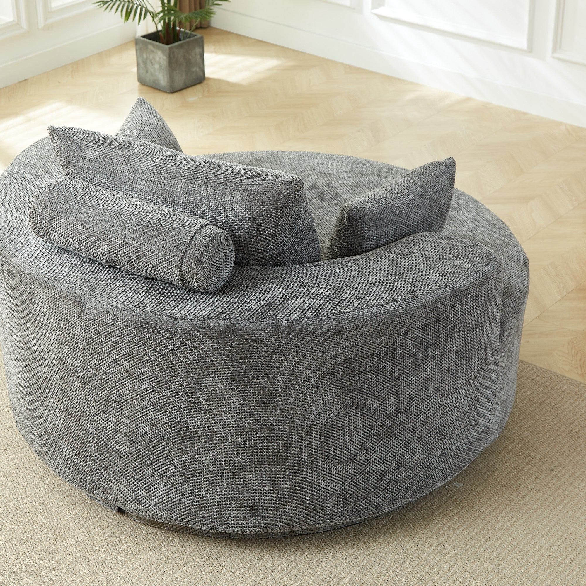 Sailvan 55" Chenille Fabric Swivel Chair, Modern Round Sleeper Sofa with 360 Degree Rotation, Fluffy Foam Lounge Chair for Living Room Grey
